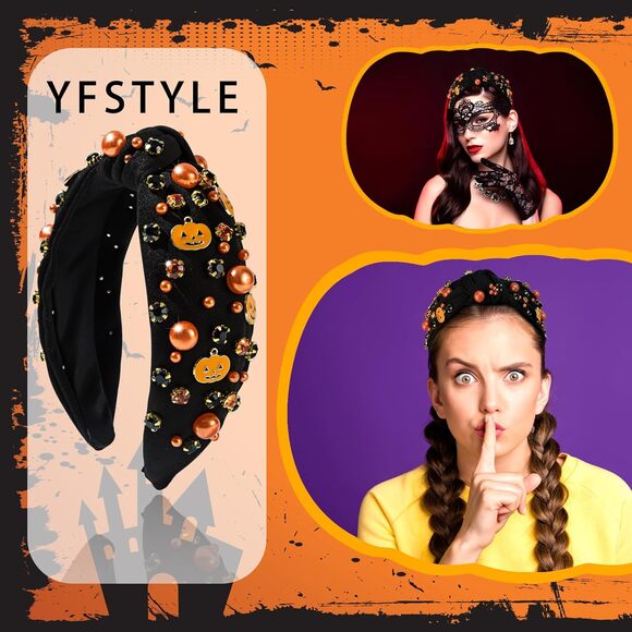 Halloween Headband Women Pumpkin Ghost Gothic Pearl Rhinestone Knotted Hairband - Picture 3 of 7